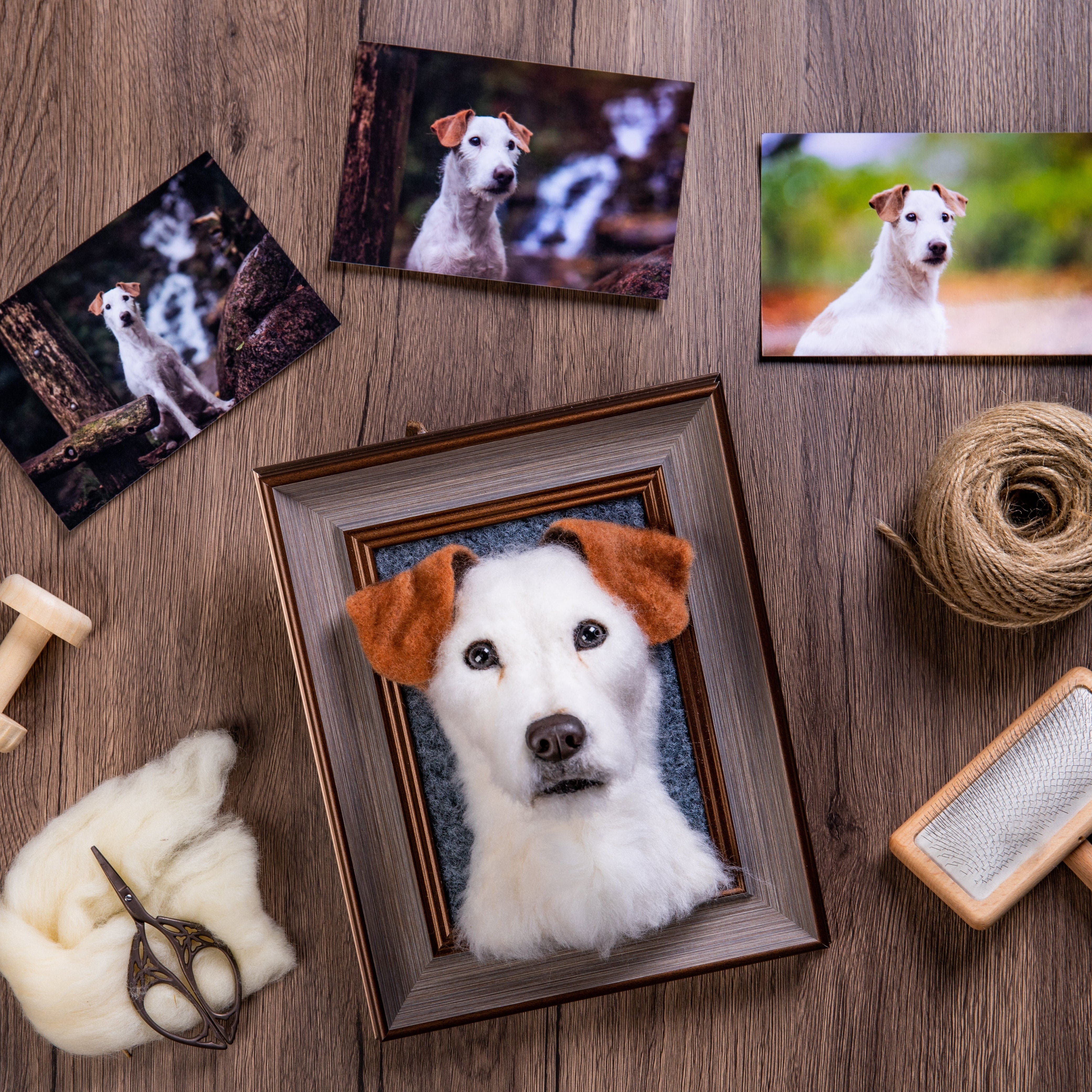 A_3D_felted_pet_portrait_in_an_elegant_frame_featuring_a_Jack_Russell_Terrier