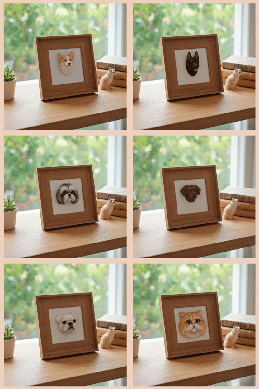 A collage showcasing a variety of custom wool felt pet portraits, including a Corgi, a German Shepherd, a Shih Tzu, and a cat, each in a wood-look resin frame.