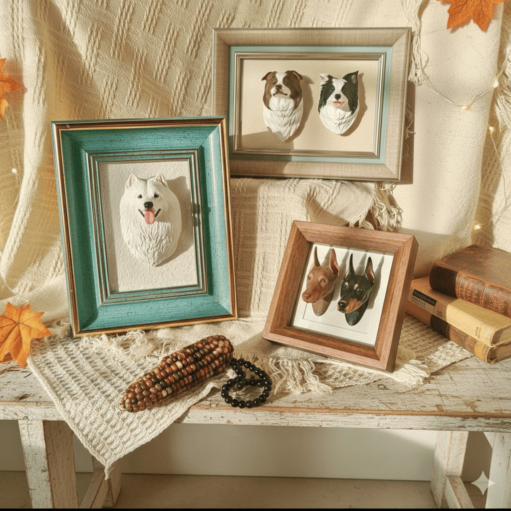 A collection of custom pet memorial sculptures, featuring a Samoyed, Border Collies, and Dobermans, displayed in decorative resin frames of various colors and styles.