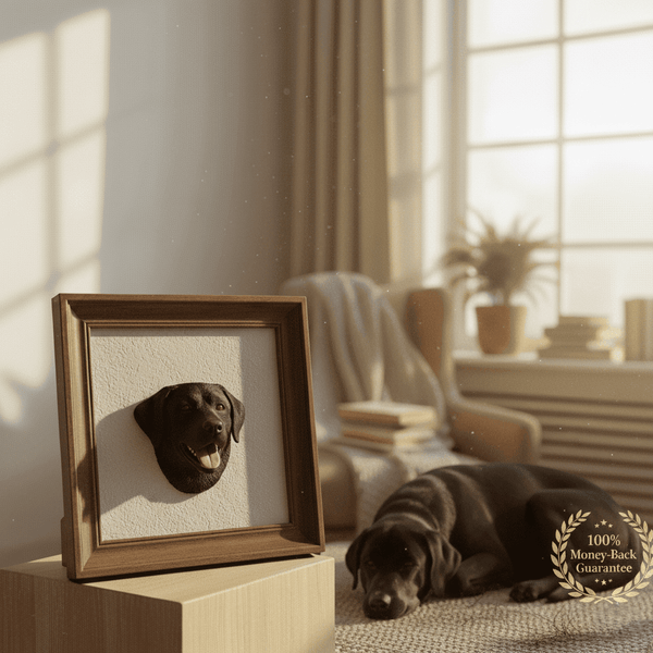 A_framed_3D_memorial_sculpture_of_a_black_Labrador_s_head_displayed_in_a_cozy_room_with_a_sleeping_dog.