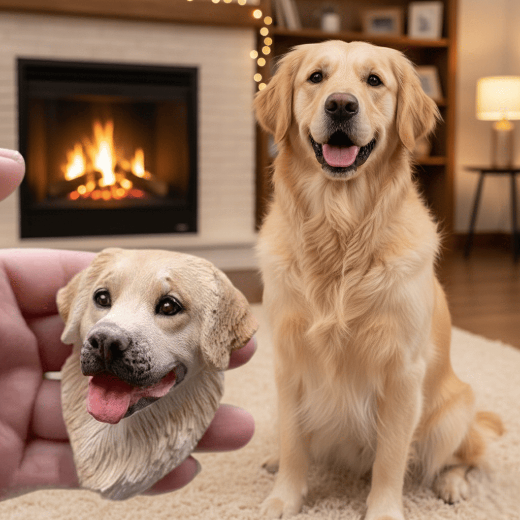 A lifelike custom plaster sculpture of a Golden Retriever's head, held in a hand to show its realistic detail next to the real dog. A perfect thoughtful gift for dog lovers, created from a photo.