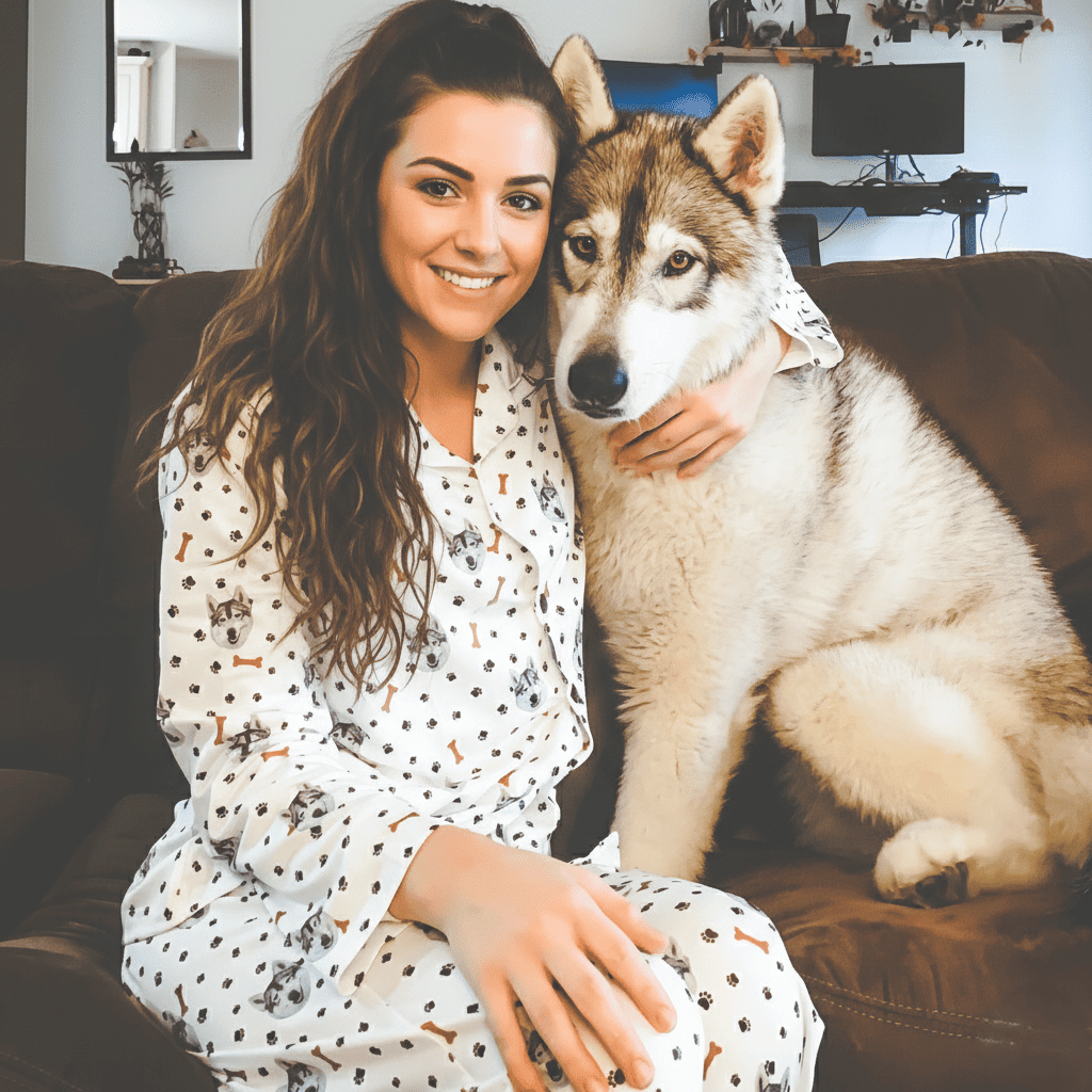 A_smiling_woman_wearing_personalized_picture_pajama_pants_and_a_matching_top