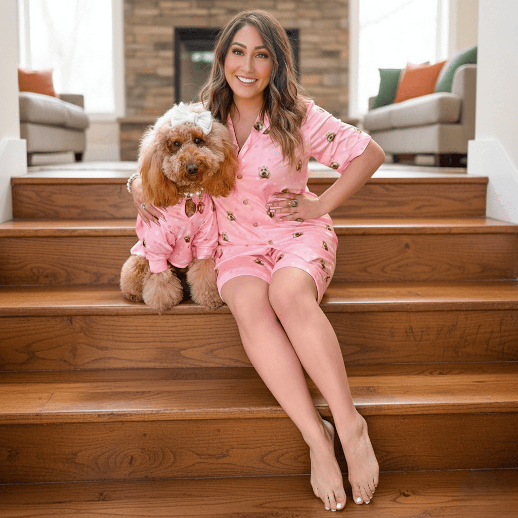 A_woman_wearing_a_short-sleeved_custom_pet_pajama_set_sits_on_a_staircase_while_holding_her_poodle.