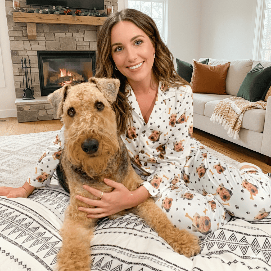 A woman wearing personalized pajamas with a dog's face on them, laughing while sitting on a bed.