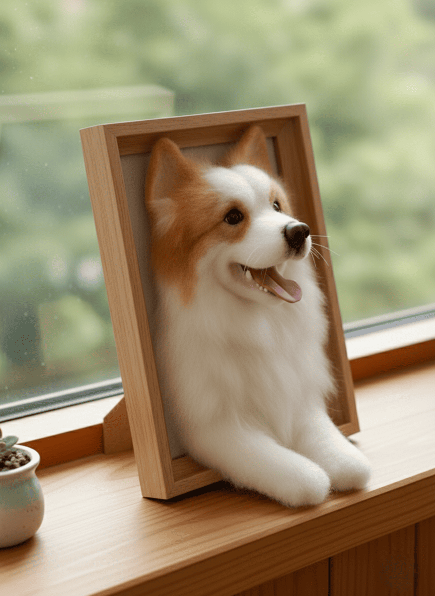 Angled view of a handcrafted 3D wool dog portrait, highlighting the realistic details and texture. Custom art for dog lovers.