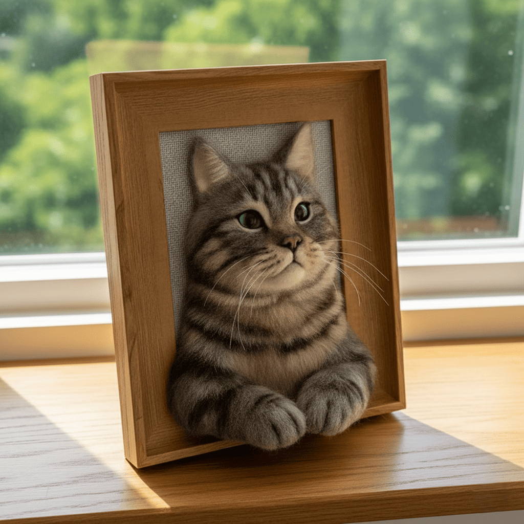 Angled view of a realistic 3D felted cat portrait, capturing a curious expression and lifelike details. A perfect custom gift for cat lovers.