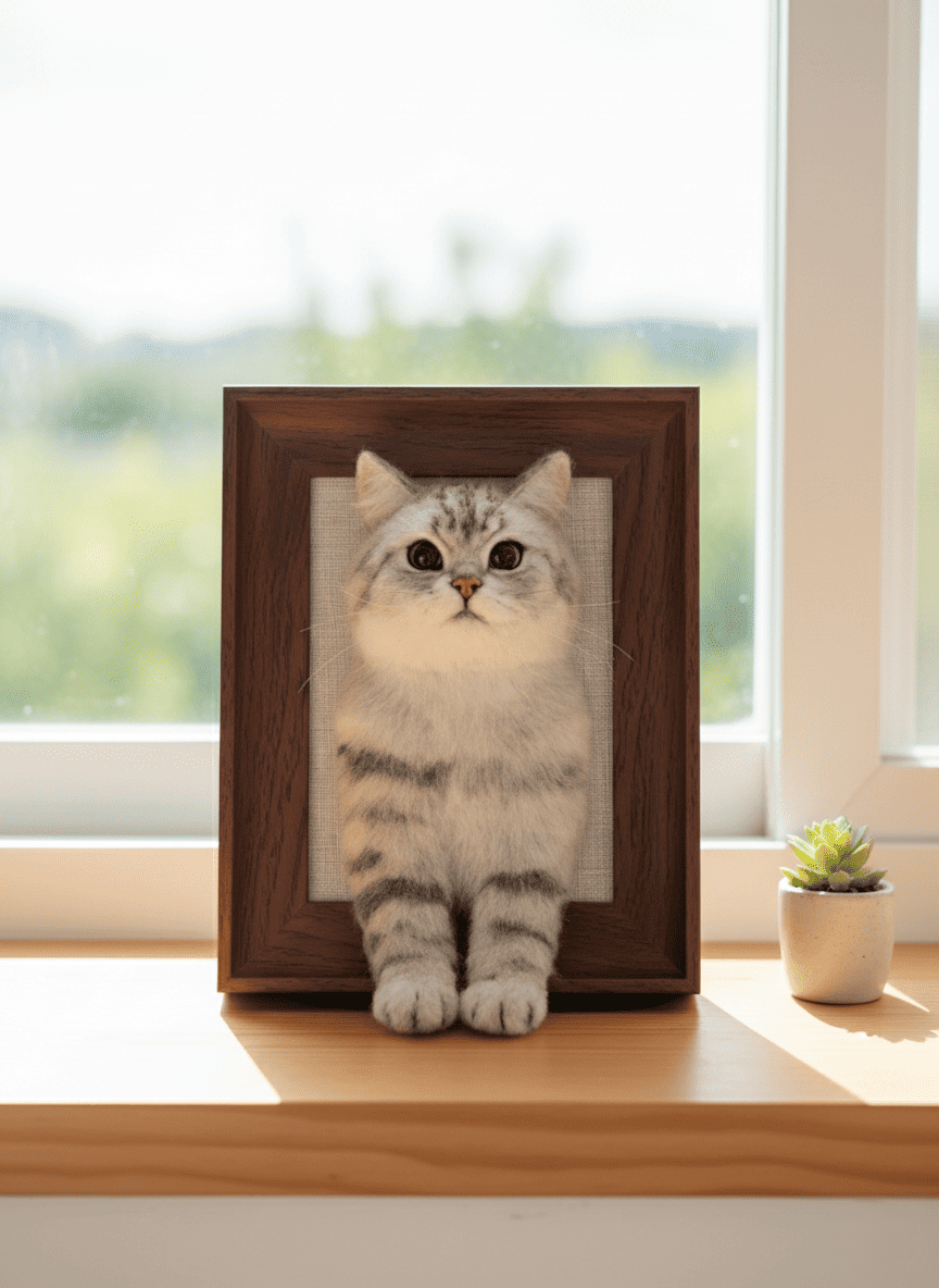 Custom 3D cat portrait of a silver tabby British Shorthair. Lifelike handcrafted wool art in a dark wood-finish resin frame.