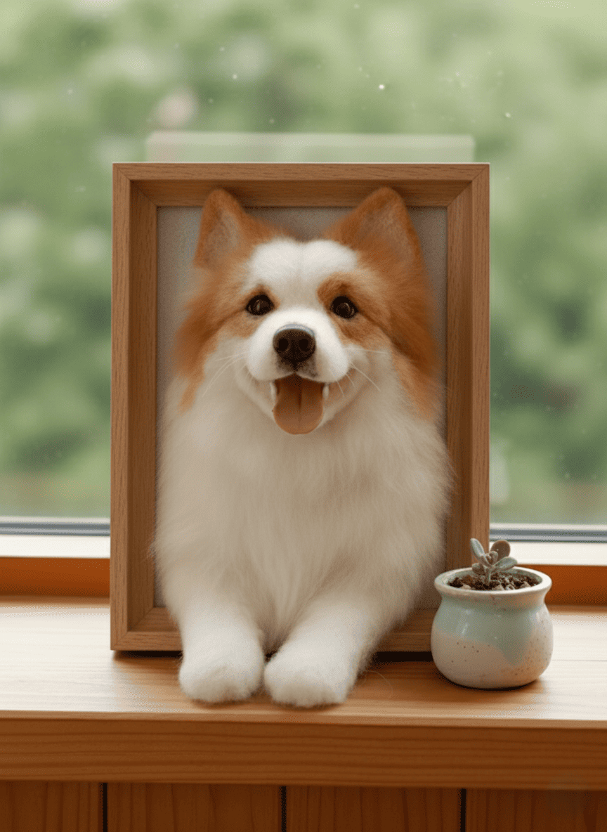 Custom 3D dog portrait of a happy Corgi, handcrafted from wool and displayed in a light wood-look resin frame.
