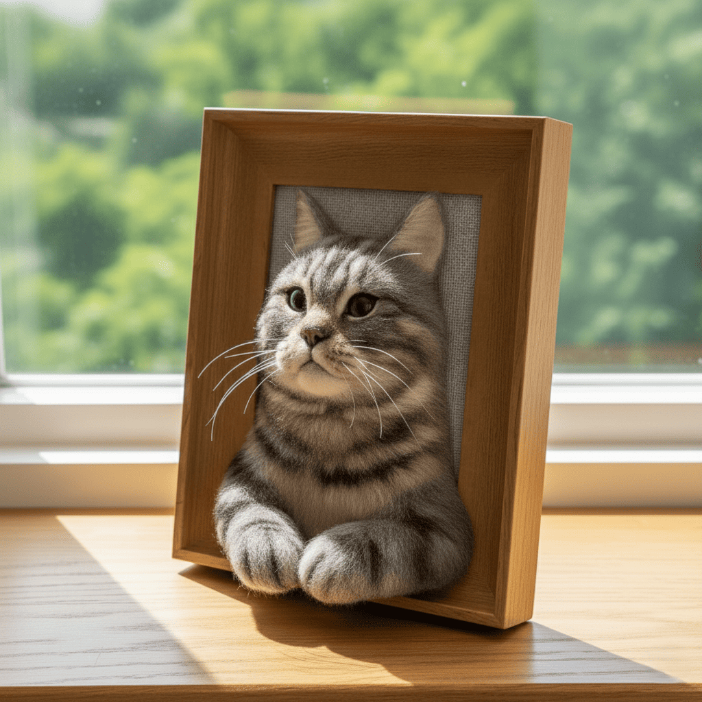 Detailed side view of a handmade 3D cat portrait, showcasing the wool art texture and realistic 3D effect. An unforgettable pet memorial keepsake.