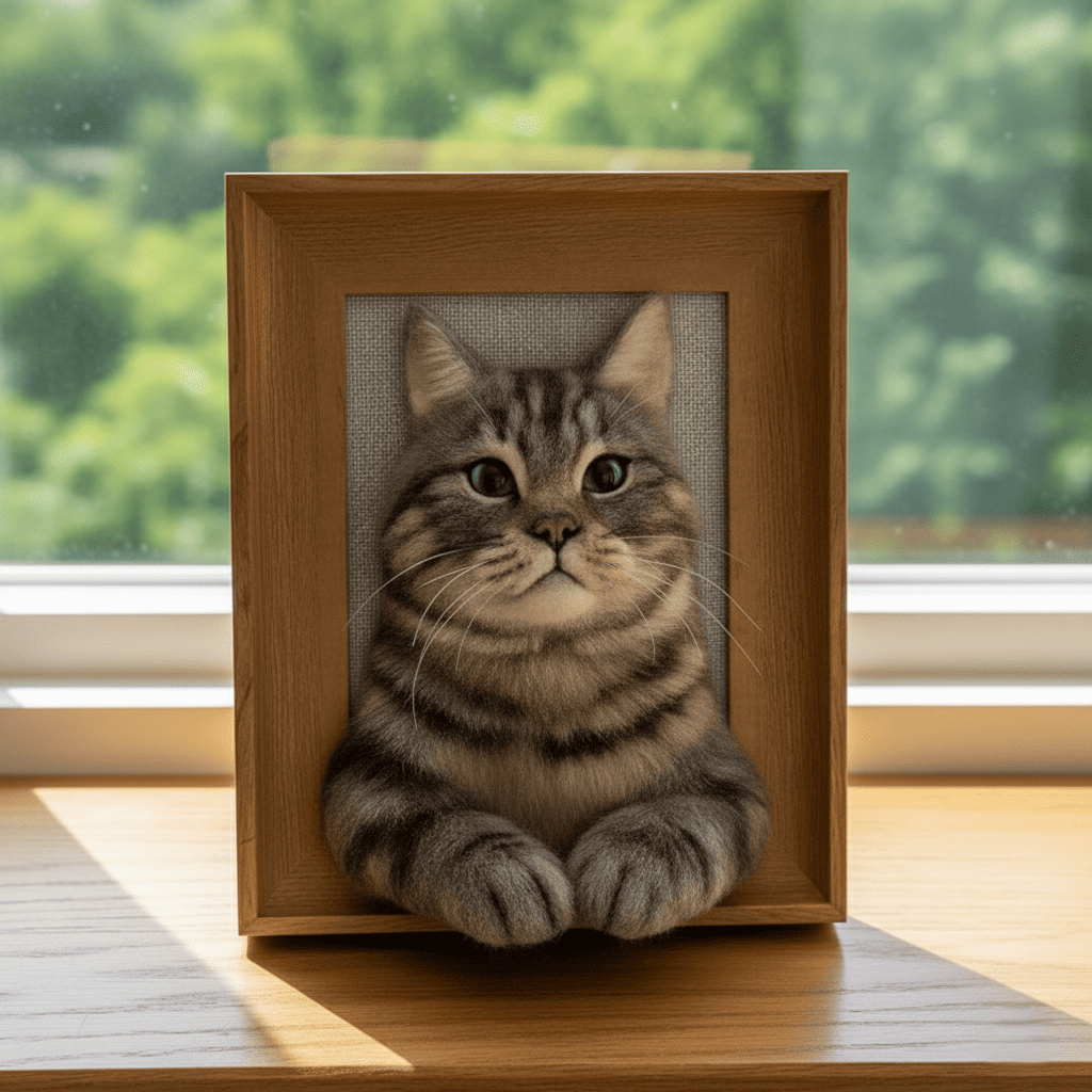 Front view of a custom 3D cat portrait, handcrafted from wool to be a lifelike replica from a photo. Displayed in a light wood-look resin frame.