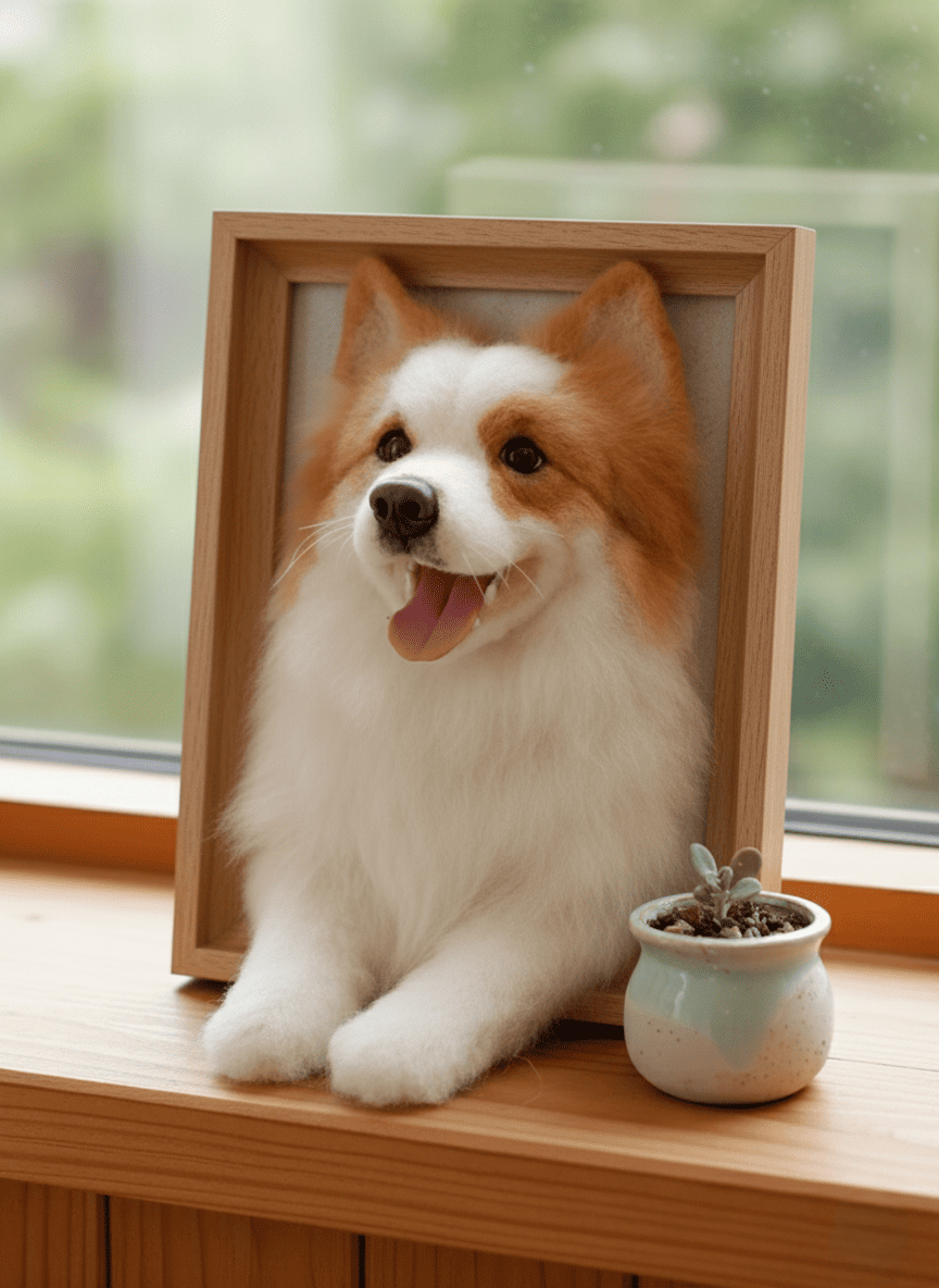 Lifelike felted dog portrait showing the 3D effect with paws resting outside the frame. A perfect handmade pet memorial gift.
