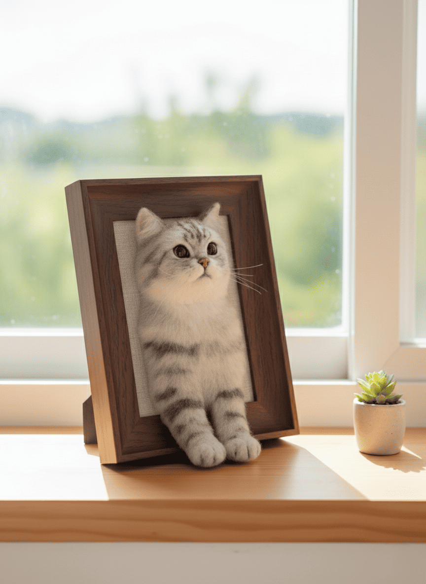 Realistic 3D felted cat portrait with an adorable upward gaze. A unique, handmade gift for cat lovers based on their photo.