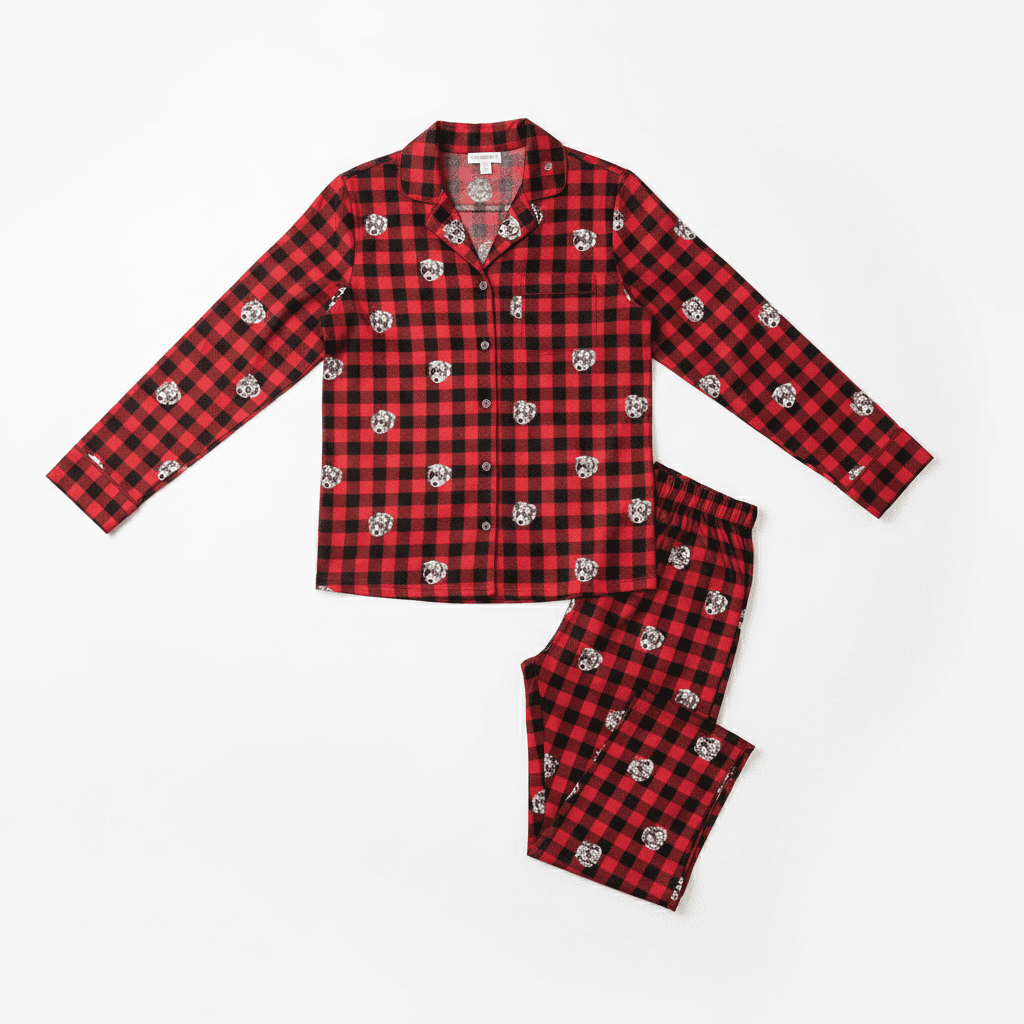 Red_and_black_plaid_pajama_set_with_dog_print_including_a_long-sleeved_shirt_and_pants_laid_flat_on_a_white_background.